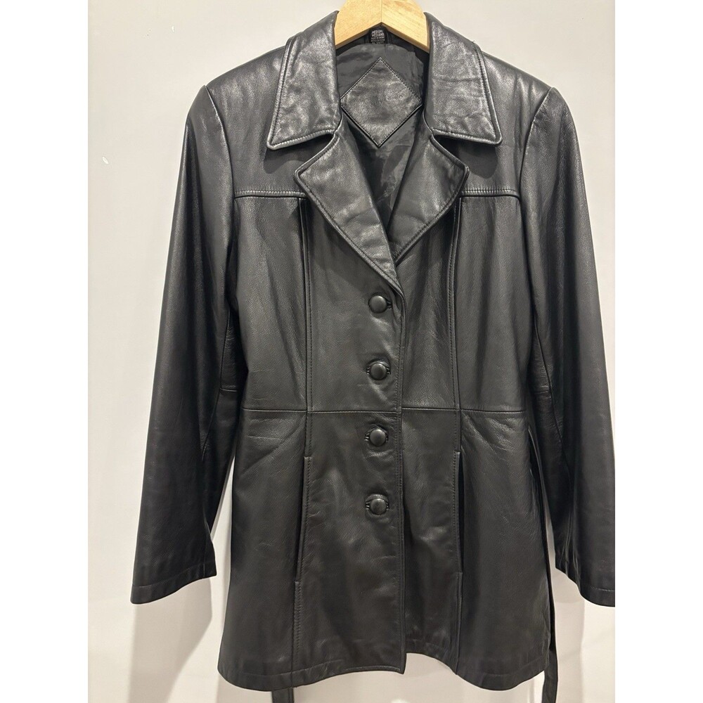VTG Jacqueline Ferrar Leather Y2K  Belted Coat Jacket Blazer Black Size Medium